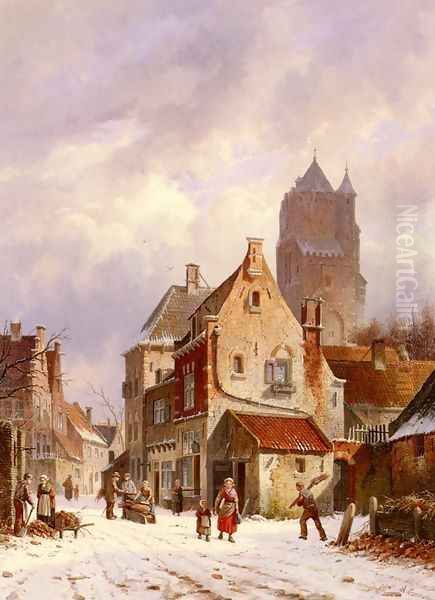 A Winter Street Scene Oil Painting by Adrianus Eversen