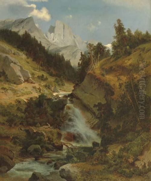 Mountain Lanscape With River Oil Painting by August Schaeffer von Wienwald