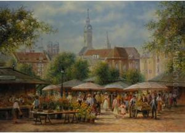 Der Viktualienmarkt Oil Painting by Fritz Schaefler