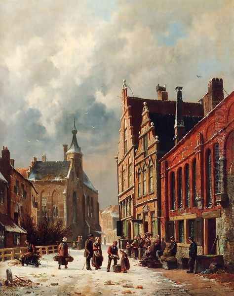 A View In A Town In Winter Oil Painting by Adrianus Eversen