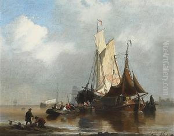 Shipping In A Harbor Oil Painting by Hendrik Adolf Schaep