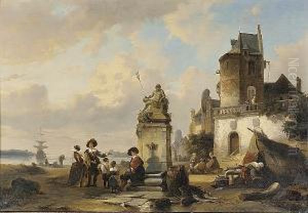 Elegant Figures Seated By A Fountain, A Harbour Beyond Oil Painting by Hendrik Adolf Schaep