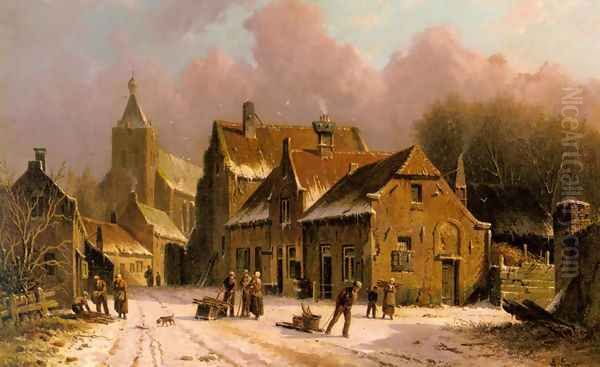 A Village In Winter Oil Painting by Adrianus Eversen