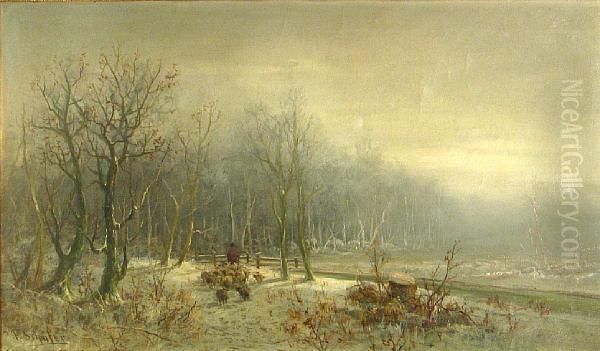 A Shepherd And His Flock In Winter Oil Painting by Frederick Ferdinand Schafer