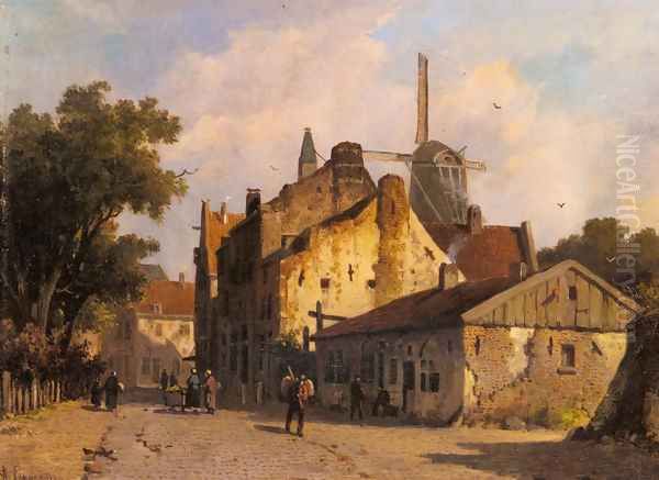 Village Scene With A Windmill Oil Painting by Adrianus Eversen