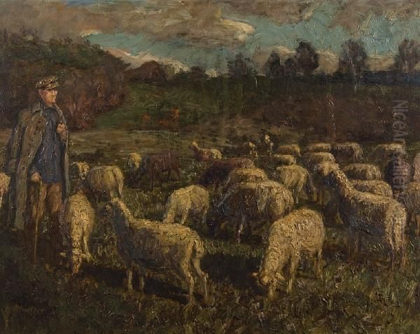 Shepherd And Flock In An Extensive Landscape Oil Painting by Frederick Ferdinand Schafer