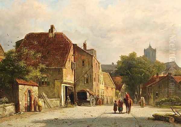 Figures in a Dutch Town Oil Painting by Adrianus Eversen