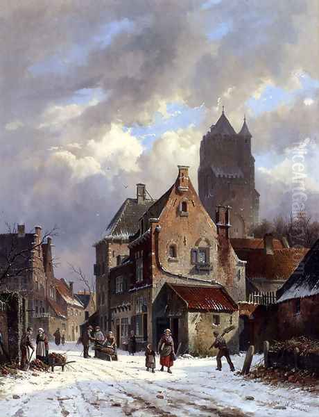 Figures In A Snowy Village Street Oil Painting by Adrianus Eversen