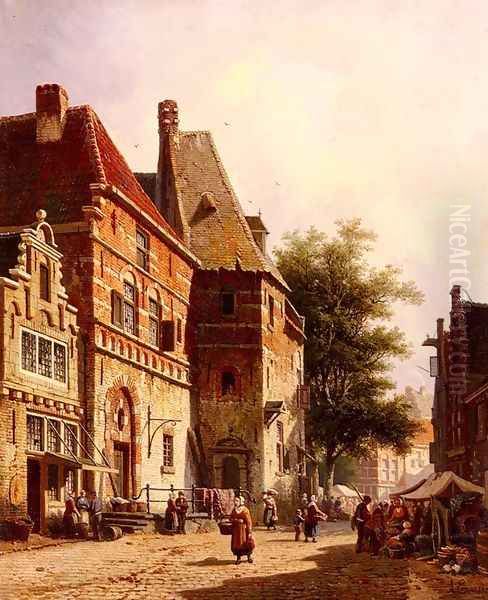 A Sunlit Street On A Market Day Oil Painting by Adrianus Eversen