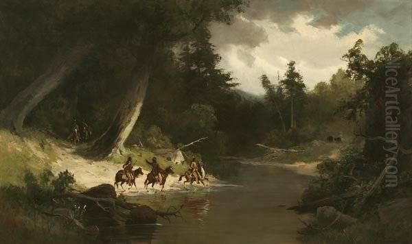 Riverscape With Three Mounted Indians Oil Painting by Frederick Ferdinand Schafer