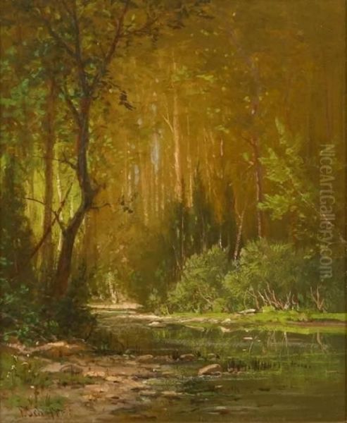 Wooded River Landscape S L/l: F. Schafer O/c 10x12 Oil Painting by Frederick Ferdinand Schafer