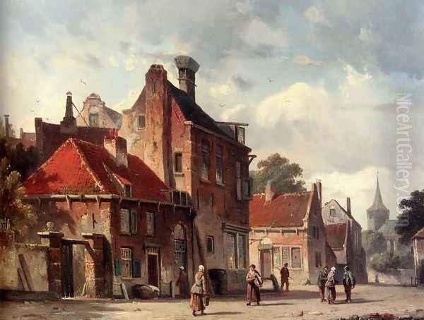 View Of a Town With Figures In A Sunlit Street Oil Painting by Adrianus Eversen