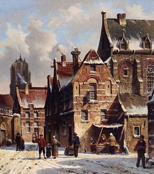 Figures In The Streets Of A Wintry Town Oil Painting by Adrianus Eversen