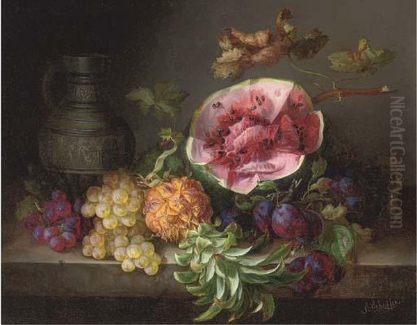 A Watermelon And Other Fruit By An Ornamental Ewer Oil Painting by Adalbert, Bela Schaffer