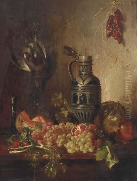 Grapes, Pomegranate, A Melon And A Stein On A Ledge With Otherfruit Oil Painting by Adalbert, Bela Schaffer