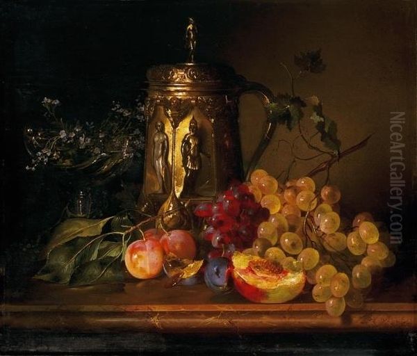 Still Life Of Friuts With Cup Oil Painting by Adalbert, Bela Schaffer