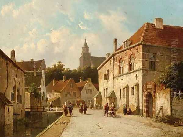 Figures Along a Canal in a Dutch Town Oil Painting by Adrianus Eversen