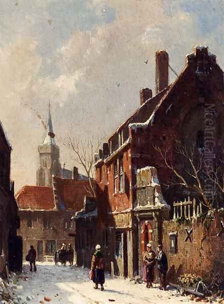 Figures In The Streets Of A Dutch Town In Winter Oil Painting by Adrianus Eversen