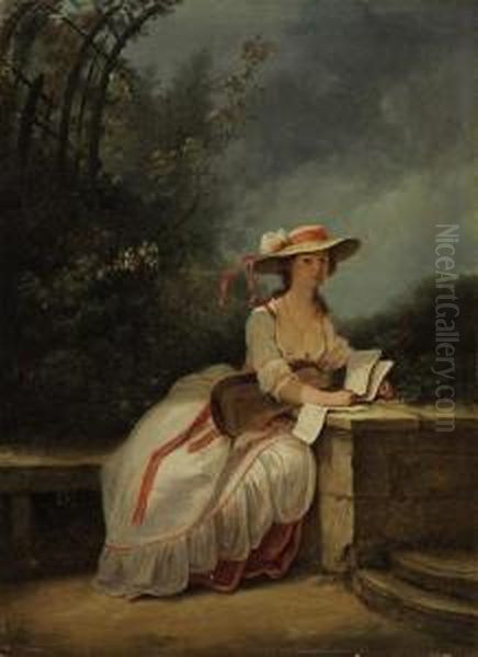 A Lady Seated In A Garden With Music Oil Painting by Jean-Frederic Schall