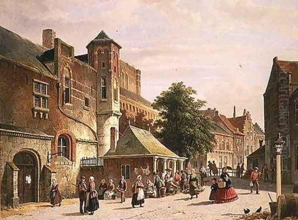 A Street Scene in Amsterdam Oil Painting by Adrianus Eversen