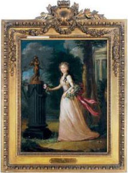 Young Lady With A Basket Of Flowers Next To A Sculpture Of Cupid Oil Painting by Jean-Frederic Schall