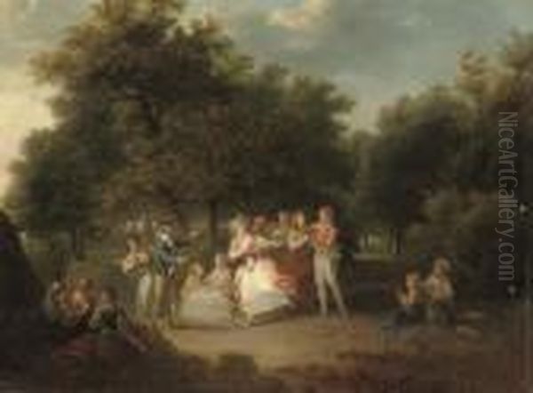 Elegant Company Playing Blind Man's Buff Oil Painting by Jean-Frederic Schall