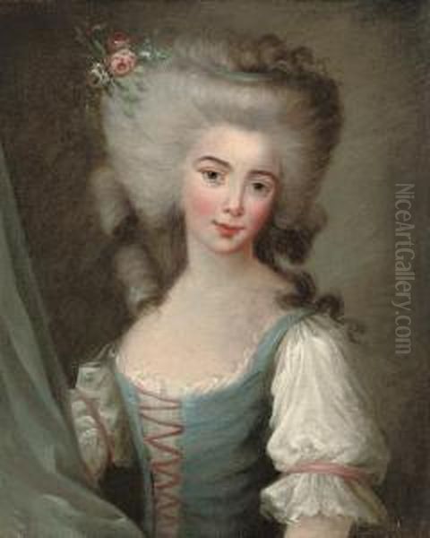 Portrait Of A Lady, Half-length, In A Blue Bodice With Pinkribbons, Flowers In Her Hair Oil Painting by Jean-Frederic Schall