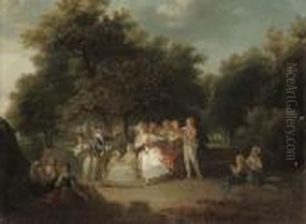 Elegant Company Playing Blind Man's Buff In A Woodedlandscape Oil Painting by Jean-Frederic Schall