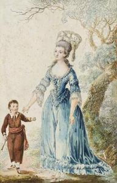 Mere Et Son Fils En Promenade. Oil Painting by Jean-Frederic Schall