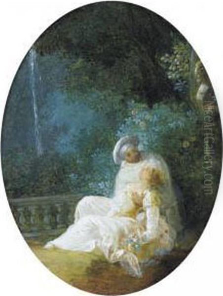 A Young Woman With Harlequin In A Lush Park Oil Painting by Jean-Frederic Schall