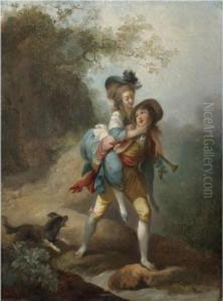 A Young Gentleman Carrying A Lady Across A Stream, A Dog Following Behind Oil Painting by Jean-Frederic Schall