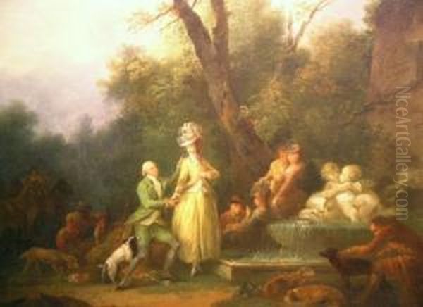 Inscribed As Titled On The Fountain Oil Painting by Jean-Frederic Schall