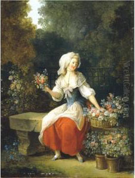 La Marchande De Fleurs Au Tablier Rouge Oil Painting by Jean-Frederic Schall