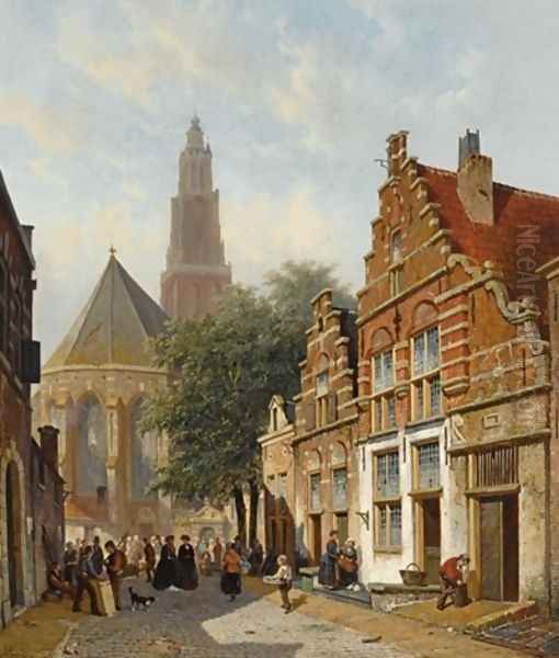 Elegant figures in a sunlit Dutch town Oil Painting by Adrianus Eversen