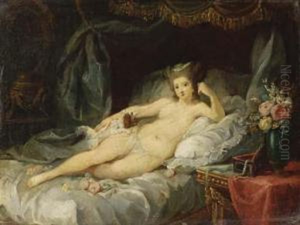 Femme Nue Se Reposant Sur Lit En Compagnie D'un Chien Oil Painting by Jean-Frederic Schall