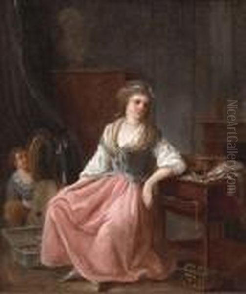 A Seated Young Woman By Her Dressing Table Oil Painting by Jean-Frederic Schall