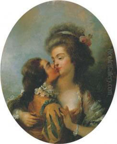 A Couple Kissing Oil Painting by Jean-Frederic Schall