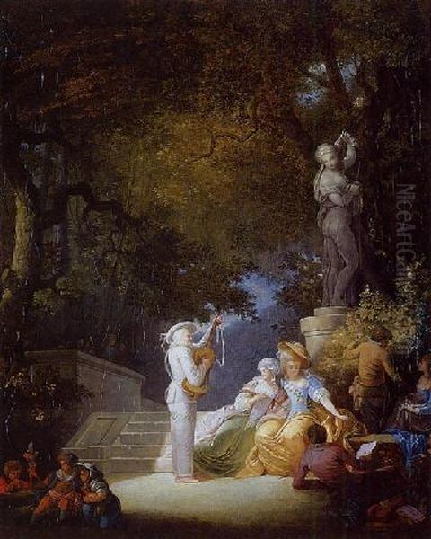 Pantaleone Serenading Five People In A Park With Children Playing Oil Painting by Jean-Frederic Schall