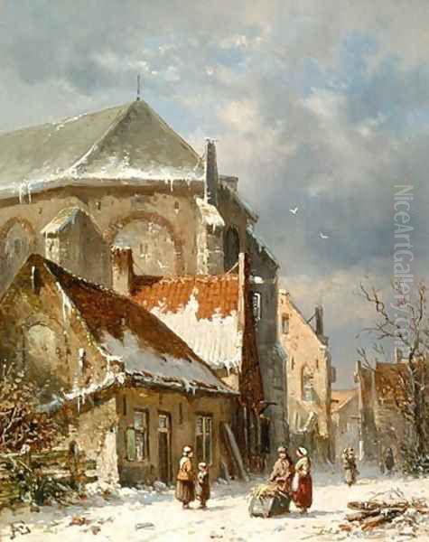 Figures near the church Oil Painting by Adrianus Eversen