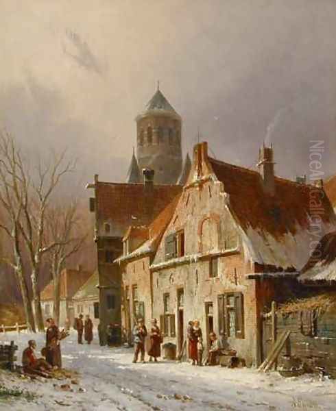 Dutch Street Scene in Winter Oil Painting by Adrianus Eversen