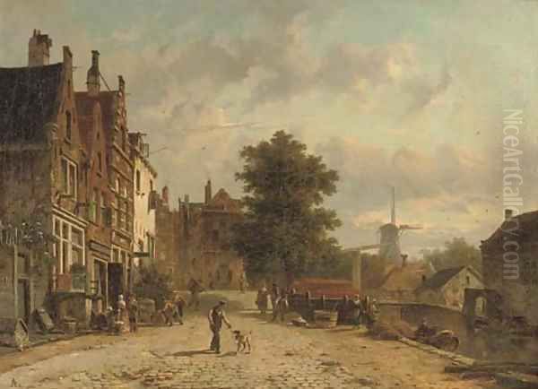 Daily activities on the Baangracht in Amsterdam with the windmill on the Brouwersgracht beyond Oil Painting by Adrianus Eversen