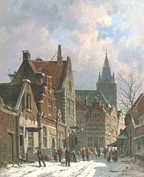 A busy street in Delft in winter Oil Painting by Adrianus Eversen