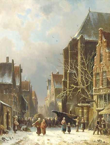 A busy street in winter Oil Painting by Adrianus Eversen