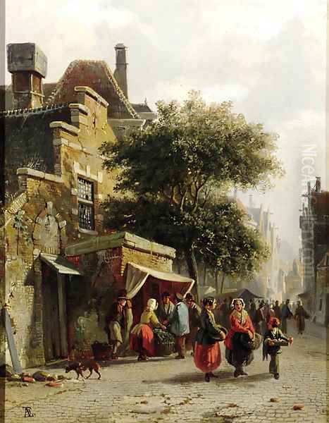 View of a street with busy market Oil Painting by Adrianus Eversen