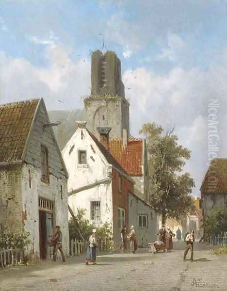 A village street Oil Painting by Adrianus Eversen