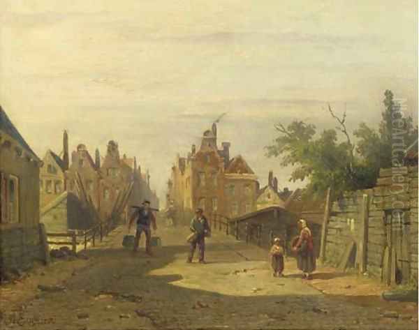 Figures on the bridge by the Bikkereiland, Amsterdam Oil Painting by Adrianus Eversen