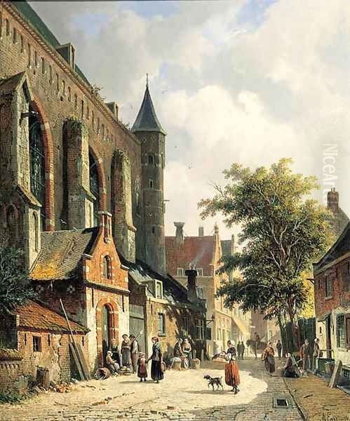 Straatje te Edam Townsfolk in a sunlit street Oil Painting by Adrianus Eversen