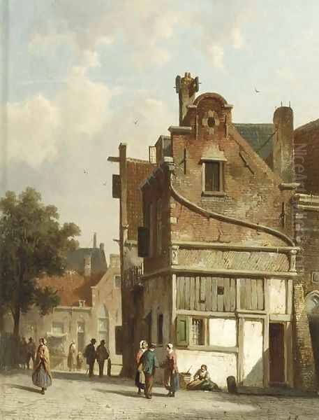 Townsfolk conversing on a sunlit square Oil Painting by Adrianus Eversen