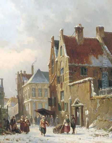 Townsfolk in a snow covered street Oil Painting by Adrianus Eversen