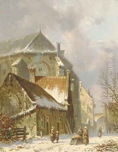 Villagers in a snowcovered street Oil Painting by Adrianus Eversen